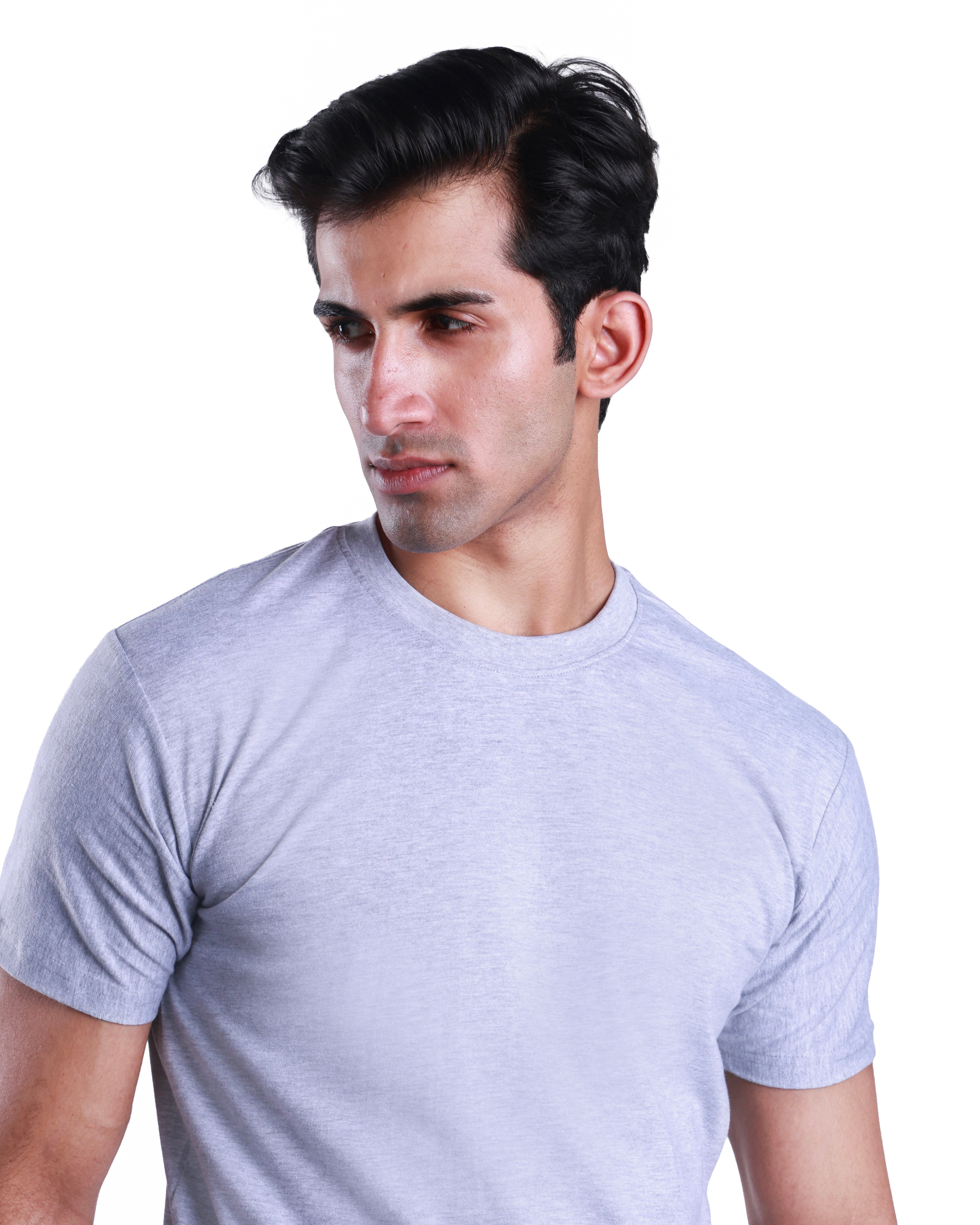 Round neck Cotton Tee - Melange Grey